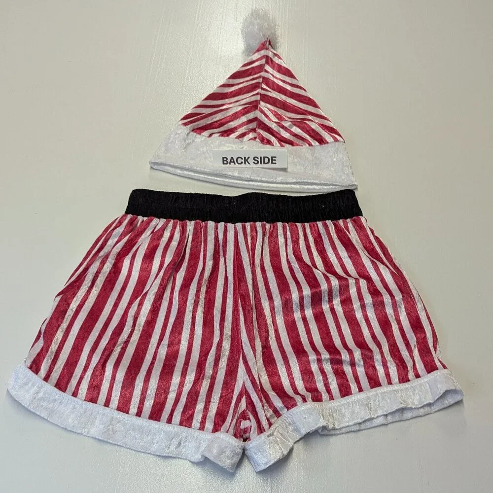 Intimo Christmas Boxers and Hat Size Medium Red and White Striped Crushed Velvet